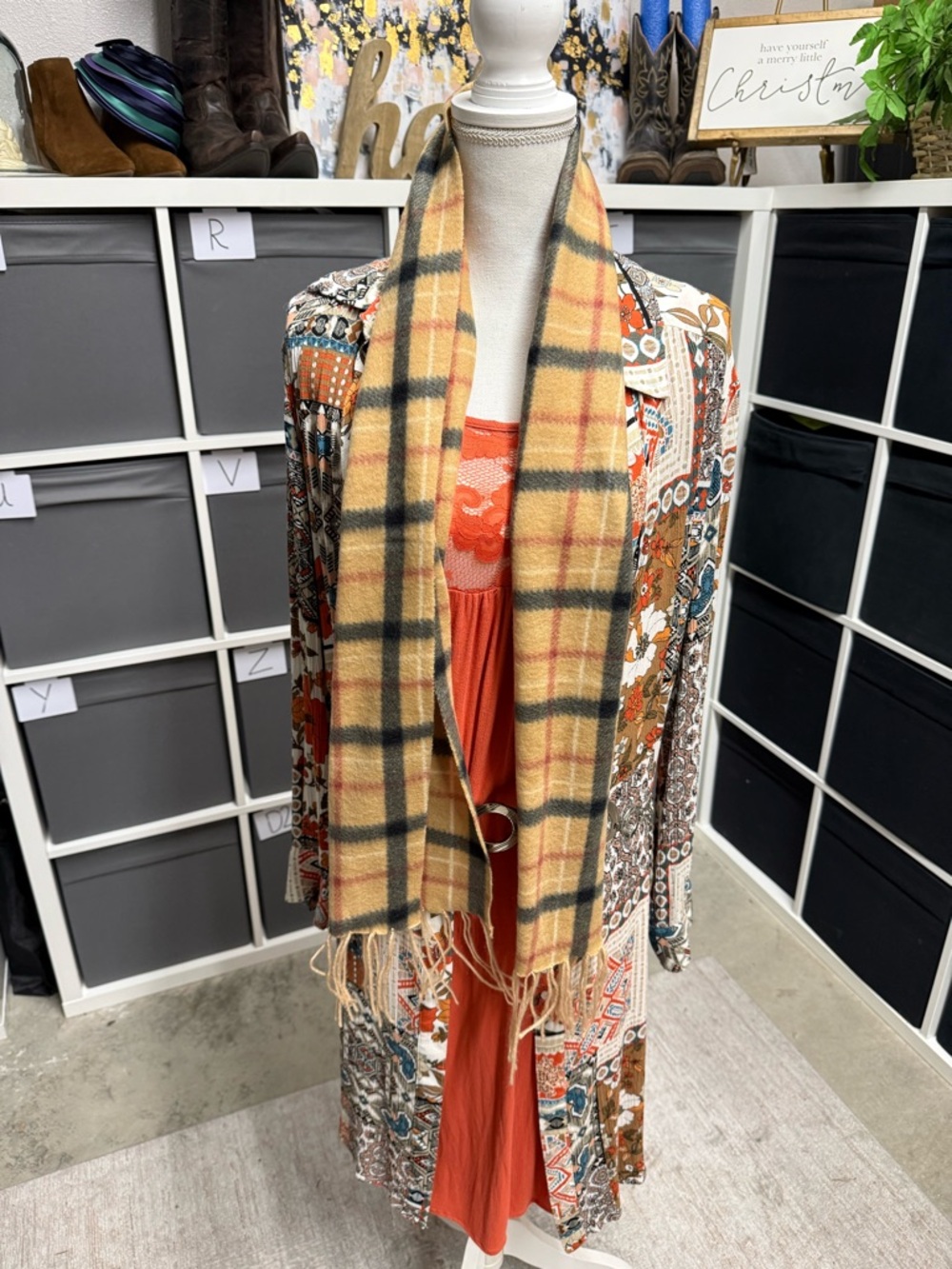 Womens Haymarket Check Plaid Fringe Scarf